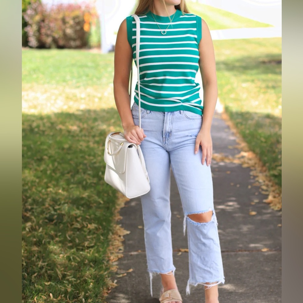 SO ME Jade Green Striped Sweater Knitted Sleeveless Top with Twisted Hem